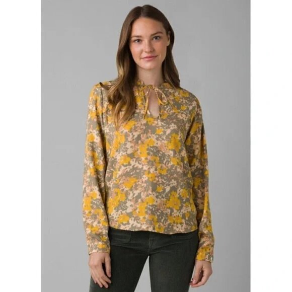 Prana Wild At Heart Wildflower Rye Green Tie Neck Top - Picture 1 of 9